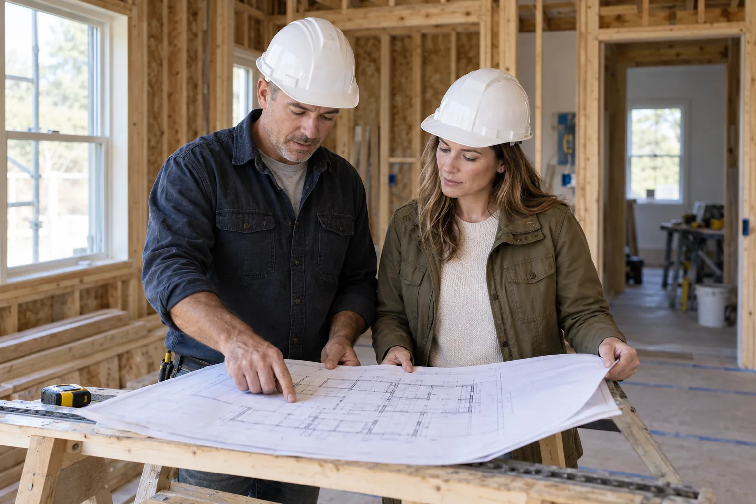 A builder and project owner review plans at an active construction site.